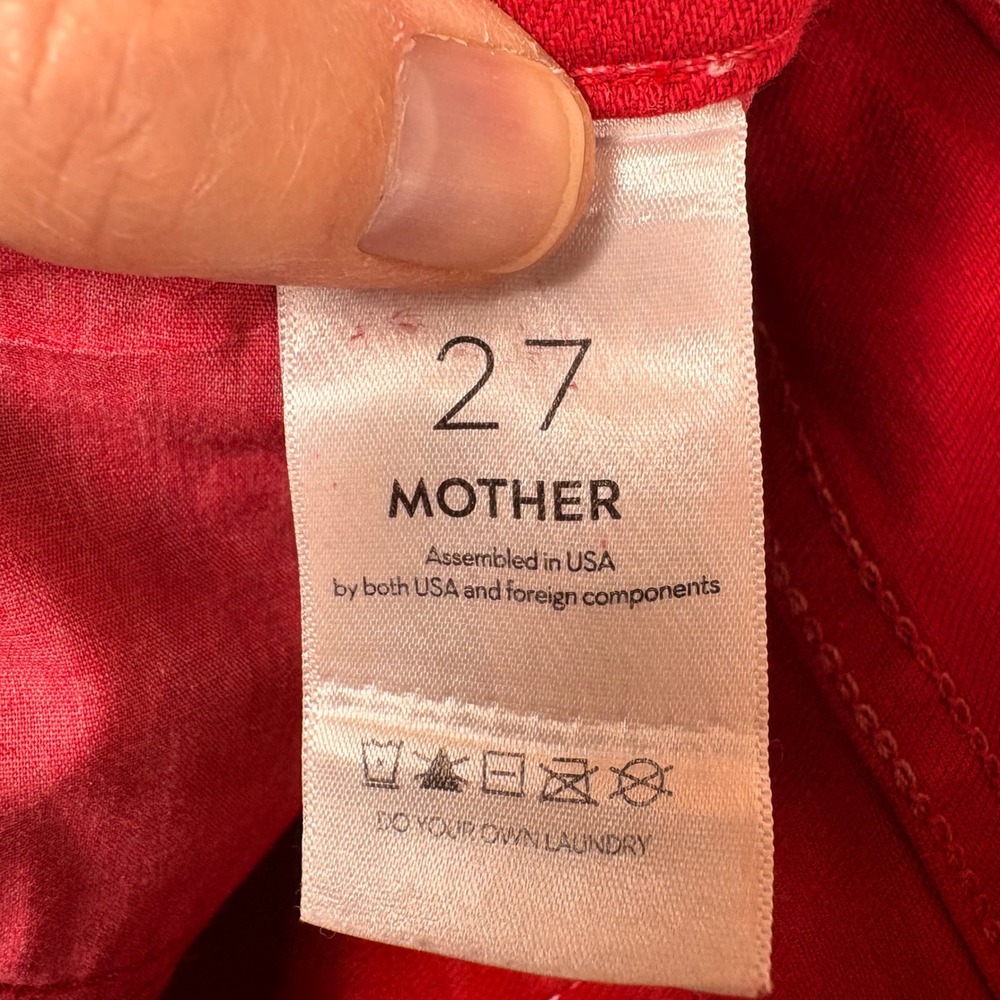 Mother The Hustler Ankle Fray Jeans 27 Red High-Rise Flare Raw Hem Coated Denim - Picture 4 of 10